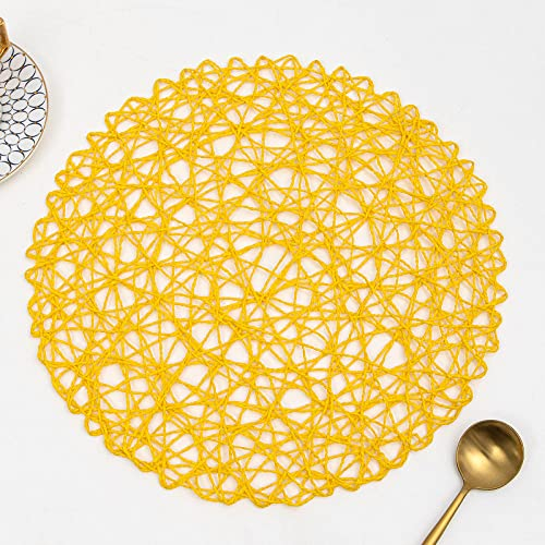 qbodp Handgefertigte Tischsets Aus Papierseil,Gewebt,Für Esstisch,4Er-Set,Rund,rutschfeste Platzsets,DIY-Platzsets,Dekorative Matte,Gelb
