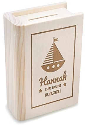 Personalisierte Spardose in Buchform - mit Wunschmotiv - Naturprodukt - Sparschwein, Sparbüchse - Metallschloss und Schlüssel - Konfirmation, Taufe, Kommunion - Motiv Segelboot