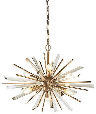 Large Antique Brass Ceiling Pendant Light - 6 Bulb Hanging Fitting - Prism Glass | Steel & Glass Construction - Bulb Not Included - Requires 6 X 40W E14 Candle - 400 Lumens - Dimmable Lighting