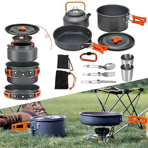 ColdShine 8 Teilig Aluminium Camping Kochset Campinggeschirr Topf Set Outdoor Camping Kochen Braten Geschirr Kochtopf Set Kochgeschirr Topfset 2-3 Person