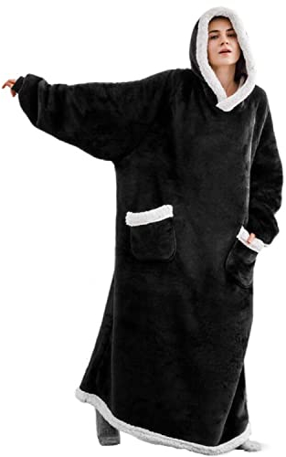 iyoimono Hoodie Decke für DamenHerren Flanell Fleece Oversized Kapuzen Pullover Sweatshirt Kuscheldecke Flauschige Sherpa TV-Decke mit Ärmeln Übergroße Tragbar Ganzkörperdecke(Schwarz,150cm)