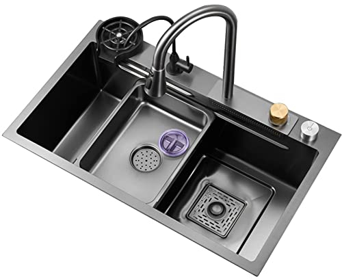 Einschalen-Küchenspüle, Edelstahl, Unterbau, Modernes Design, 80x45x20cm, Bar-Spüle mit Tassenwaschbecken, Drop In Top Oder Unter Montage (Color : Black-Grey)
