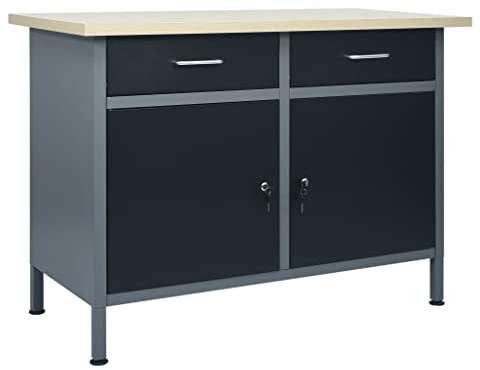 Hommdiy Werkbank Werkstatt Schränke 2 Schubladen mit Kugellager 2 Schränke mit Türen Werktisch Werkstatt Heimwerker Montagewerkbank Arbeitstisch Schwarz 120x60x85cm Stahl