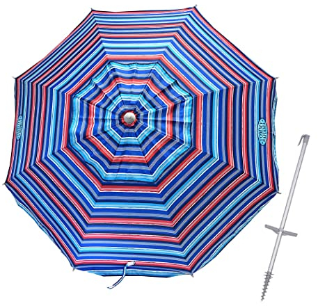 Tommy Bahama Paraguas de playa de fibra de vidrio de 7 pies para arena con anclaje integrado, poste de aluminio telesc pico, UPF 50+, inclinaci n, sin mesa