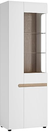 Lomadox Wohn-/Esszimmer Vitrinenschrank in weiß Hochglanz mit Trüffel Eiche Nb., B/H/T: ca. 64/194,5/42 cm
