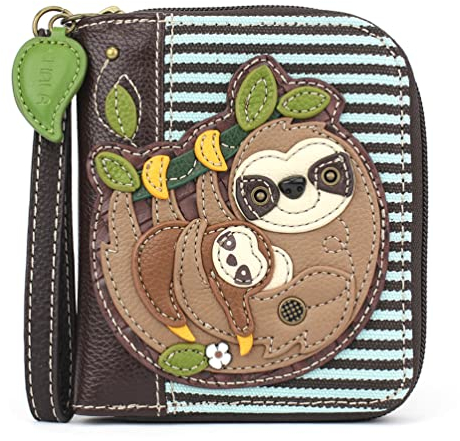 CHALA Geldbörse mit Reißverschluss, Handgelenk, 8 Kreditkartenfächer, robustes PU-Leder, Faultier-Familie – Blau gestreift, Einheitsgröße
