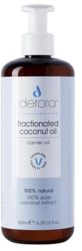 Derora Fractionated Coconut Oil | Nourishes Skin, Hair & Nails | 100% Pure & Natural | Antioxidant & Vitamin A, C & E Rich | All Skin Types | Vegan & Cruelty Free (500ml)