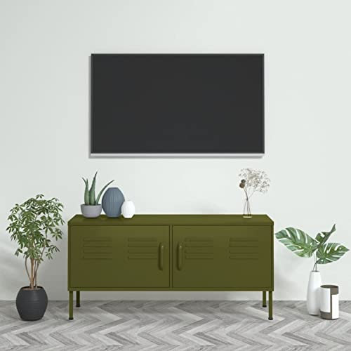 MOONAIRY Meuble TV Table Television Buffet Armoire Basse Centre de Divertissement Meuble de Salon Maison Intérieur Meuble TV Vert Olive 105x35x50 cm Acier z