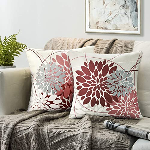 RYBornament Rot Kopfkissenbezüge 50x50 Dahlie Kissenbezug Leinen Kissenhülle Abstrakt Geometrie Blume Kissenbezüge Dekorativ Kissenhüllen Geeignet Für Wohnzimmer Garten Sofa Dekoration, 2er Pack