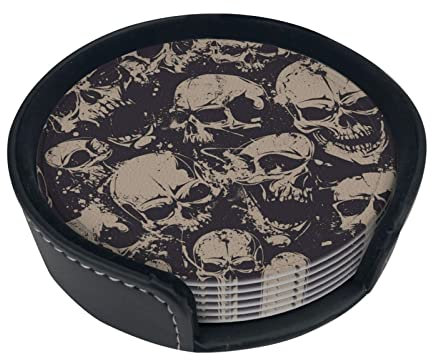 Lot de 6 dessous de verre en cuir absorbant avec boîte de rangement Motif têtes de mort