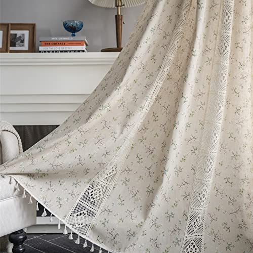 Freyamy Boho Vorhänge Landhausstil Baumwolle Leinen Makramee Gardinen Vintage Aushöhlen Lichtdurchlässig Beige Kahki Blümchen Scheibengardinen Häkeln Gardine mit Stangedurchzug,2er set,240x150cm (HxB)