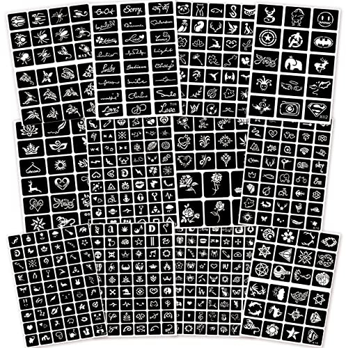 423+ Tattoo Schablone Kit, 12 Blatt Henna Schablonen Wiederverwendbare Temporäre Tattoo Schablonen für Frauen Mädchen Teens Face Paint Body Art Glitter Tattoo Schablonen