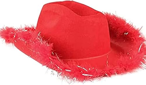 Niceyoeuk Cowgirlhut, Cowboyhut für Damen, flauschige Federkrempe, Cowboyhut für Urlaub, Kostümparty, Spielverkleidung, Halloween, Cosplay (Rot 01, Einheitsgröße)