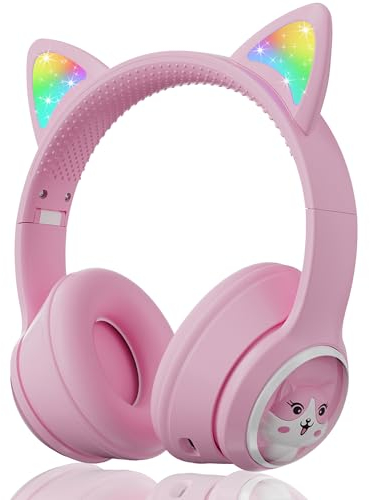 Woukksy Cuffie Bluetooth per Bambini, Nue Pieghevole 85dB Over-Ear Cuffie per Ragazza, Wireless Cuffie per Bambina con LED e Microfono per Scuola/Tablet/Telefono Cellulare/PC (Rosa)