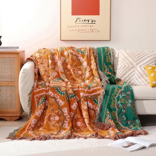 SahSahCasa Überwurfdecke aus 100 % Baumwolle, Queen-Size-Größe, 228 x 248 cm, orangefarben, Musselin, Boho-Überwurfdecke, weiche, dekorative Bohemian-Wendedecke mit Quasten für Stuhl, Couch, Bett,