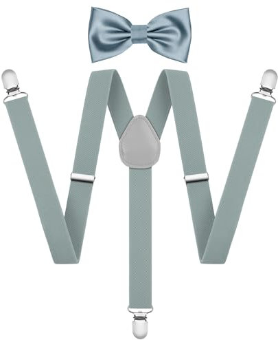 AOOWU Hosenträger für Herren, Breit 2.5 cm mit sehr Starken 3 Metall Clip, 2er Set mit farblich passender Fliege, Einstellbar und Elastisch Einheitsgröße für Männer und Damen, X Style (Hellgrau)
