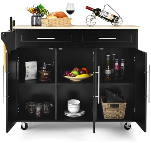KOMFOTTEU Küchenwagen auf Rollen, Servierwagen Holz mit Arbeitsplatte, Kücheninsel mit Schubladen Handtuchhalter & verstellbaren Ablagen, Küchenschrank Beistellwagen Mobile 122X46X92 cm (Schwarz)