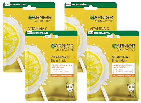 Garnier Maschera in Tessuto Skin Active Hydra Bomb, Idratante e Illuminante, Con Vitamina C e Acido Ialuronico, Per Pelli Spente e Non Uniformi, 28 g (Confezione da 4)