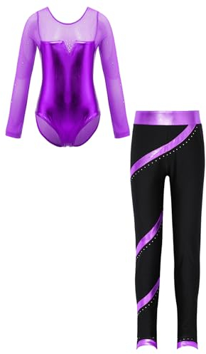 HULIJA Kinder Mädchen Ballettanzug Langarm Tanzbody mit Strass + Lang Hose Glänzend Turnanzug Bühnenauftritt Akrobatik Tanzkleidung Lila 134-140