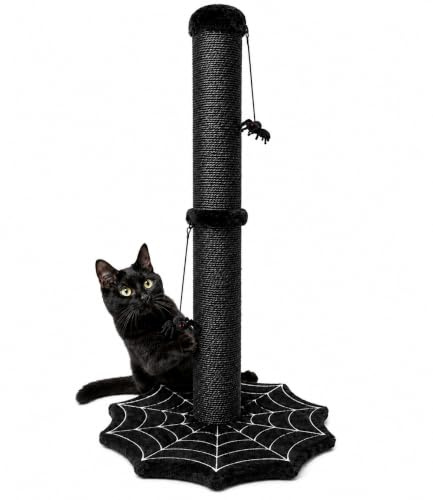 PuzzlePaw Gothic Cat Scratching Post with Spider Dangling Toys for Indoor Cats, Halloween Cat Scratcher,Activity Cat Play Center Cat Tree Tower Furniture with Spider Web Base,Black