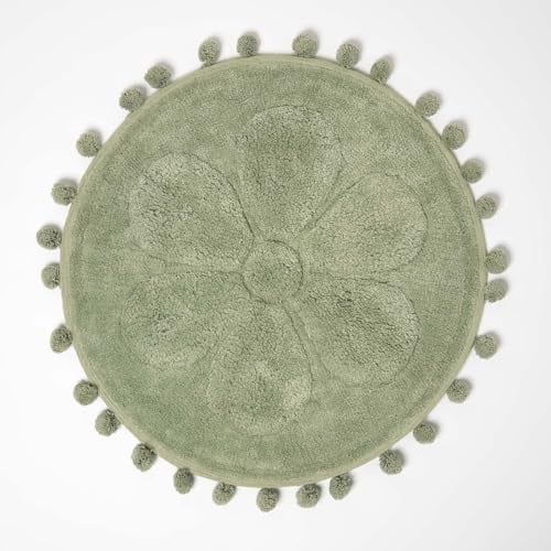 Homescapes Badvorleger Blume, runde grüne Badematte 60 cm Baumwolle, Badteppich getuftet mit Bommeln