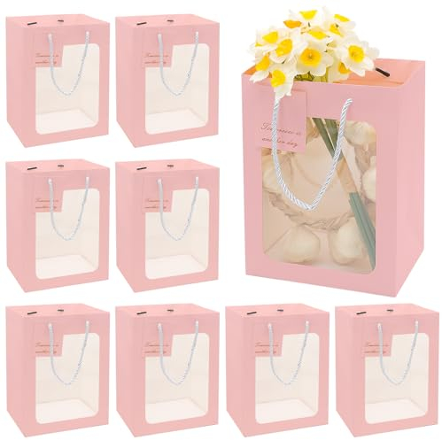10 Sacs Cadeaux en Papier Kraft avec Fenêtre, Rose Sacs de Faveur avec Poignée et Cartes, Sac de Transport à main Sacs à Provisions pour Anniversaire Mariage et Célébrations (11,8 x 7,9 x 6,3 pouces)