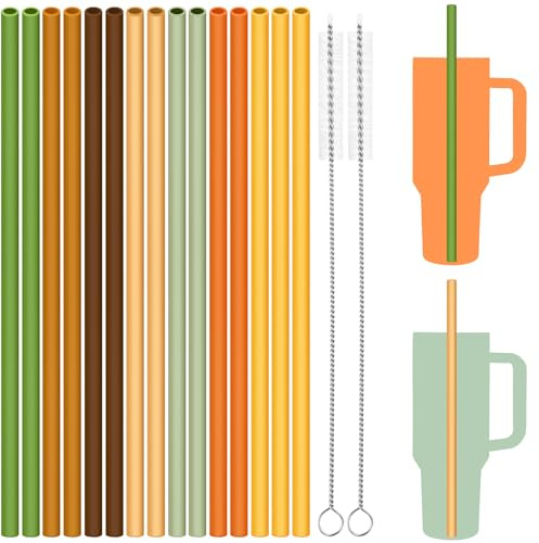 Tomorotec 15-Pack 12 Reusable Silicone Drinking Straws for Stanley Tumblers 20oz, 30oz, 40oz with 2 Cleaning Brushes, BPA-Free Food-Grade Vibrant Colors Flexible Straws for Family Use (Garden)