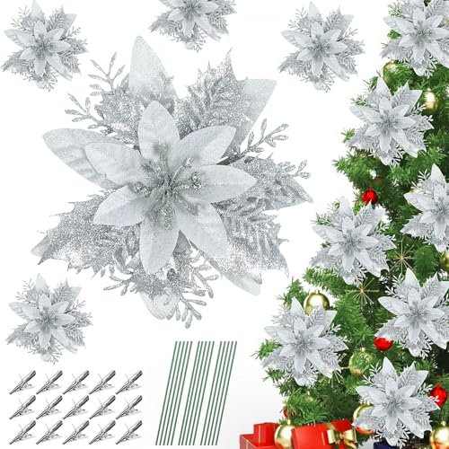 SULOLI 12pcs Fleurs Artificielles 14cm Clignotantes - Ornements avec Clips pour Arbre et Décoration de Noël (Argent)