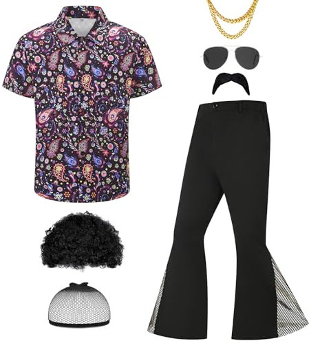 Ezuwail Costume da discoteca da uomo anni '70, camicie a maniche corte, pantaloni a campana con parrucche, collana, baffi, occhiali da sole, 7 pezzi, viola
