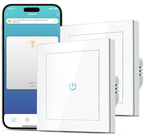 SMARTERCURRY Smart WLAN Lichtschalter 1 Fach 1 Weg Alexa Lichtschalter, gehärtetes Glas Touch Lichtschalter, Timing-Funktion, Weiß, Neutralleiter Erforderlich, 2 Stücke