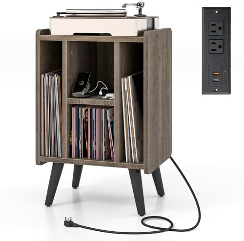 COSTWAY Supporto per Giradischi, Porta Vinili con 4 Ripiani Aperti, Presa di Corrente e Porta USB, con Mensole Espositive, per Soggiorno, Camera da Letto e Ufficio, 43 x 34,5 x 67,5 cm (Grigio)