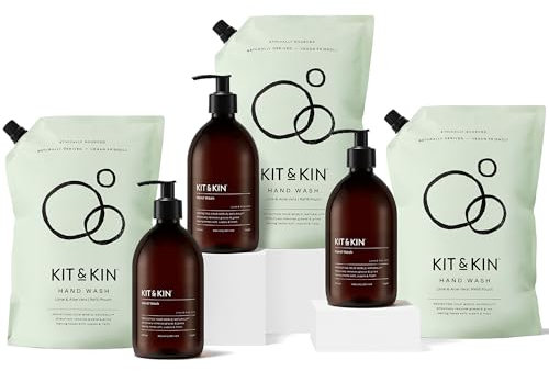 Kit & Kin Eco Hand Wash 3 Bottles + 3 Refills | Lime & Aloe Vera Hand Soap | Plant-Based & Vegan | 100% Naturally Derived | No Harsh Chemicals | Kills 99.9% of Harmful Bacteria | Made in UK