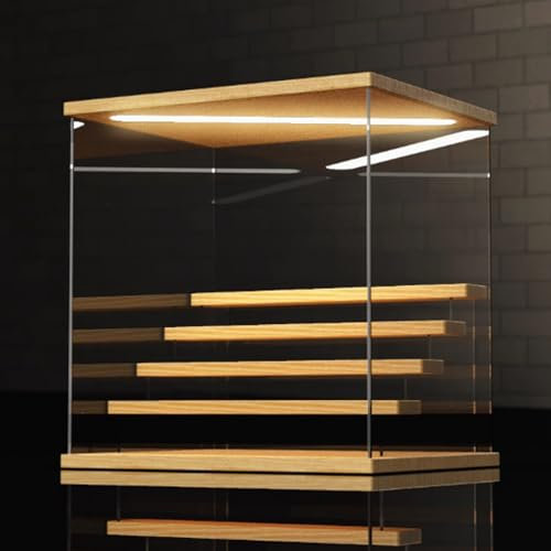 5 Etagen Transparente Vitrine Schaukästen Acryl Vitrine mit LED-Licht Aufbewahrungsbox Figur Lagerregal Puppenleiter Schrank für Sammlerstücke Actionfiguren Holz