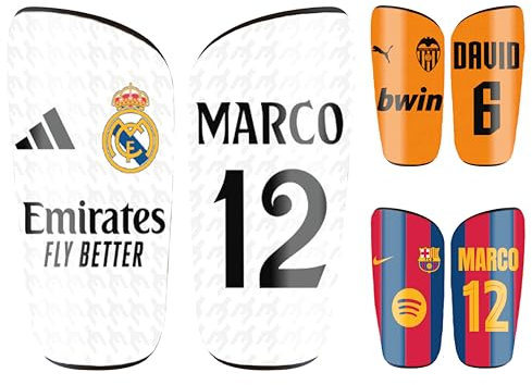 Espinilleras Personalizadas de fútbol con Nombre, Dorsal y diseño de tu Equipo Favorito. Aptas para niños y Adultos. Un Regalo Original, útil y con Estilo Deportivo único.
