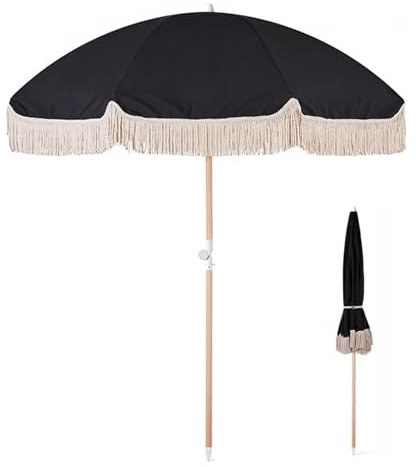 KXWOQ3ED Parasol de Plage 200 cm avec Frange, Parasol de Jardin Noir à Pampilles, UPF50+ Parasol de Patio Boho avec Bouton d'inclinaison