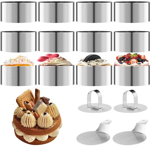 16 Stück Servierringe Edelstahl Set, Enthalten 12 teilige Dessertringe und Speiseringe (8 cm Durchmesser), 2 Basisplatten und 2 Deckel. Backringe zum Backen, Mousse, Kuchen, Gebäck, Dessert