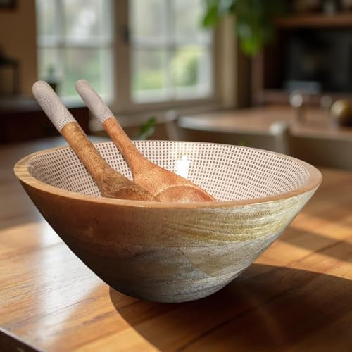 Hartsmede Handmade Wooden Salad Bowl 10 with Spoons – Sustainable Mango Wood Fruit Bowl – Rustic Eco-Friendly Serving Bowl – Unique Gift for Kitchen or Housewarming (Geometric Blue, 10)