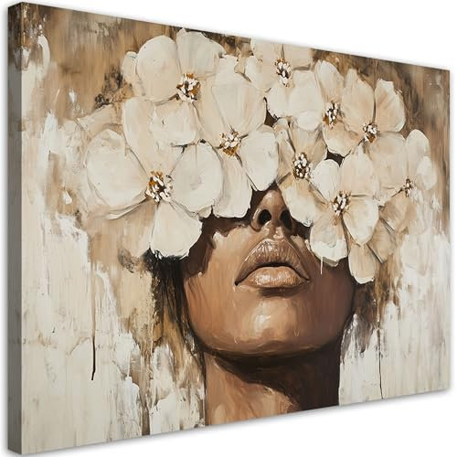 Feeby Quadro su Tela Non Tessuta - Stampa Su Tela - Donna Fiori Beige dorato - 120x80 cm - Decorazione Murale - Moderno Soggiorno - quadri moderni soggiorno - poster