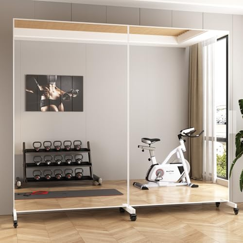 Novlux Home Gym Rolling Mirror 72x40 – Extra Large Full Length Mirror with Wheels, Mobile Tempered Glass Floor Mirror, 360° Swivel, for Workout, Garage, Dance Studio, Yoga, Bedroom, White