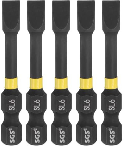 sourcing map 5pcs SL6 Slotted Impact Screwdriver Bits 6mm Slotted Tip 1/4 Hex Shank 50mm (2) Long Magnetic Flat Head Phosphated S2 Steel Screw Driver Drill Bits Electric Power Tool