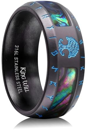 King Will Herren-Ehering 8mm aus Edelstahl, Dreh- oder Basismodell, schwarz/grau/silber/gold plattiert, mit griechischem Schlüssel-, Runen- oder Lebensbaum-Muster, Komfort-Fit