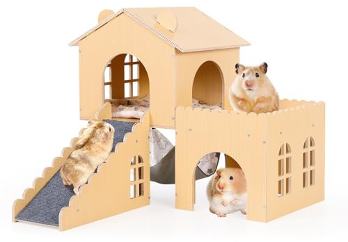 Multi-Level Wooden Guinea Pig Hideout with Hammock & Ramp