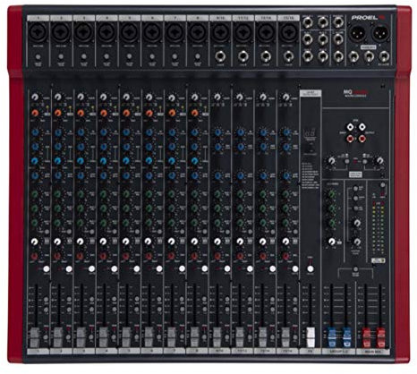 Proel MQ16USB - Mixer ultra-compatto professionale a 12 ingressi e 4 bus con FX e USB per Canto, Live e Karaoke, Nero/Rosso (MQ16USB)