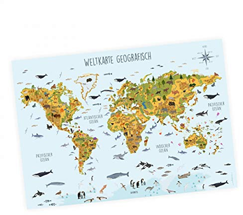 Kinder Lernposter Weltkarte Tiere geografisch - in 3 Größen - Wanddeko Kinderzimmer Poster Plakat in Deutsch - Größe DIN A1-841 x 594 mm