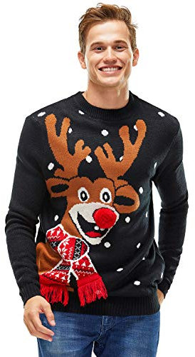 Herren Weihnachtspullover Unisex Hässliche Pulli Lustig Strickpullover Ugly Weihnachtspulli - Rentier & Weihnachtsmann & Schneemann,SchwarzSchwarz,L