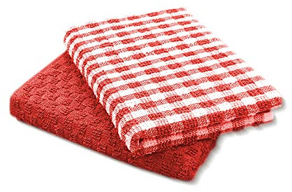 A & B TRADERS 100% Cotton Terry Tea Towels Packs (Sets of 2, 3, 6, 12 or 15) Egyptian Mono Check Superdry Soft Professional Hotel Quality Kitchen Dish Cloth (Red, 2)