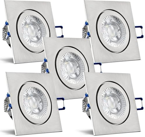 trendlights24 Mare IP44 Bad LED Einbaustrahler 230V 3 Stufen dimmbar 5x Set | ultra flach, 35 mm Einbautiefe, Edelstahl, eckig, Spot, 5W, Neutralweiß, 4000k, 3 Step dimmbar, für Feuchtraum, Badezimmer