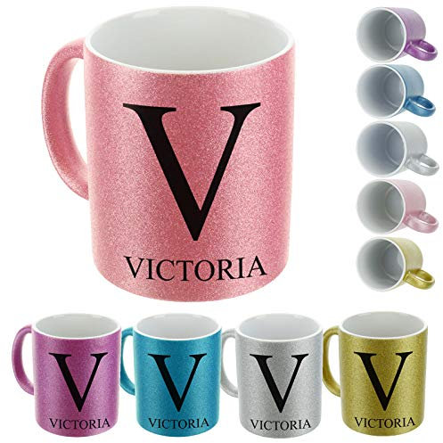 Personalised Mug and Belgian Milk Hot Chocolate Stirrer Marshmallow Gift Set, Customised with Name / Initials, Ceramic 11oz Gold, Silver, Blue, Pink Glitter Mug with Capital Name Initial Design