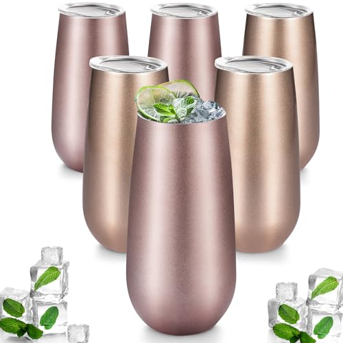 Maxdot 6 Pieces Champagne Tumbler Stemless Flutes Double Insulated Mini With Lips Stainless Steel Cocktail Cups for Coffee Wine Glass (Rose Gold, Champagne)