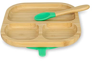 BIOZOYG Bambus-Teller-Set quadratisch I Saugnapf-Teller mit Löffel - FSC-zertifiziert I süßes Bambus Holz-Schüssel-Set Kleinkind - Kinder-Teller & Snack-Schale I Baby Bambus-Geschirr eckig Grün